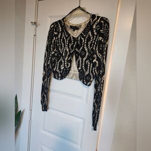 Nine West Black and Cream Patterned Cropped Cardigan